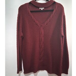 Jodifl Burgundy Cable Knit V Neck Cutout Sweater Women's Size M
